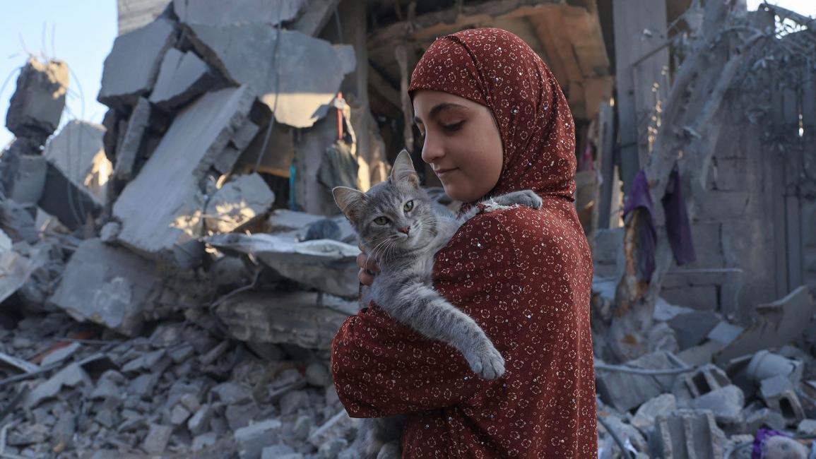 فتاة فلسطينية تحمل قطة وهي تتفقد الأضرار الناجمة عن القصف الإسرائيلي في رفح (سعيد خطيب/ Getty)