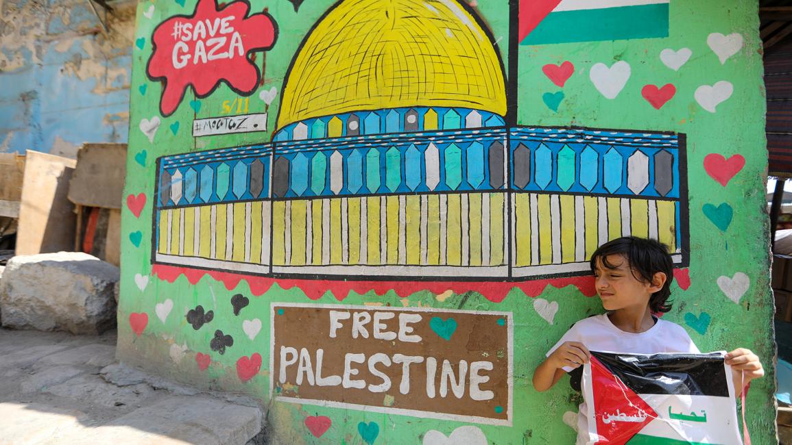 طفل يحمل علم فلسطين: "تحيا فلسطين" (أحمد حسب الله/ Getty) 