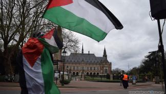 تظاهرة قرب محكمة العدل الدولية تضامناً مع فلسطين (العربي الجديد)
