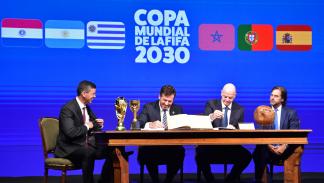 حضر إنفانتينو اجتماعاً من أجل كأس العالم 2030، 11 أبريل 2024 (نوربرتو دوارتي/فرانس برس)