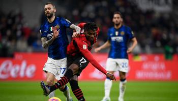STADIO GIUSEPPE MEAZZA, MILAN, ITALY - 2022/03/01: Rafael Leao (C) of AC Milan competes for the ball with Marcelo Brozovic (L) of FC Internazionale during the Coppa Italia semi-final first leg football match between AC Milan and FC Internazionale. The match ended 0-0 tie. (Photo by Nicolò Campo/LightRocket via Getty Images)	