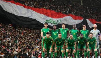 BASRA, IRAQ - JANUARY 19: Fans of Iraq cheer at tribune during the Arabian Gulf Cup final match between Iraq and Oman at the Basra Stadium in Basra, Iraq on January 19, 2023. (Photo by Ahmed Abd Alkawey/Anadolu Agency via Getty Images)