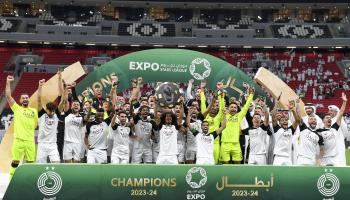 احتفل نجوم نادي السد بتحقيق لقب الدوري القطري، 24 أبريل 2024 (نوشاد ثكاييل/Getty)