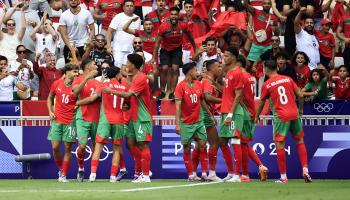 لاعبو المغرب يحتفلون بعد تسجيل هدف على العراق، 30 يوليو 2024 (فاليري هاش/فرانس برس) 