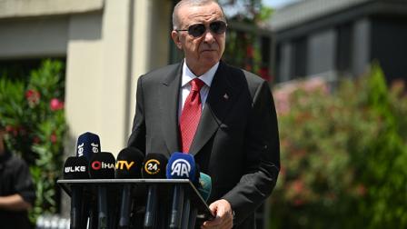 أردوغان يجيب على أسئلة الصحافيين في إسطنبول، 28 يونيو 2024 (Getty)